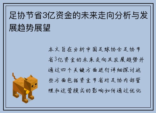 足协节省3亿资金的未来走向分析与发展趋势展望